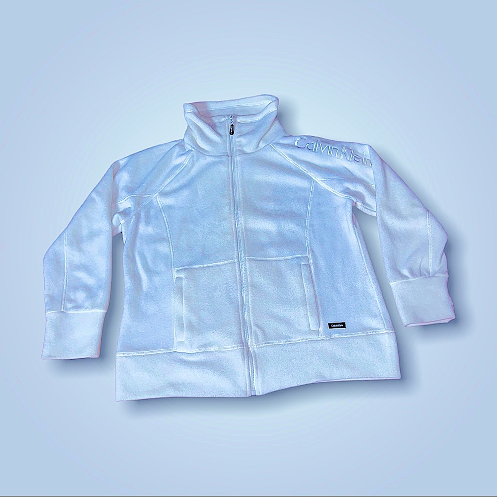 Woman’s Calvin Klein Performance White Full Zip Up Fleece Sweater Mock Neck XL